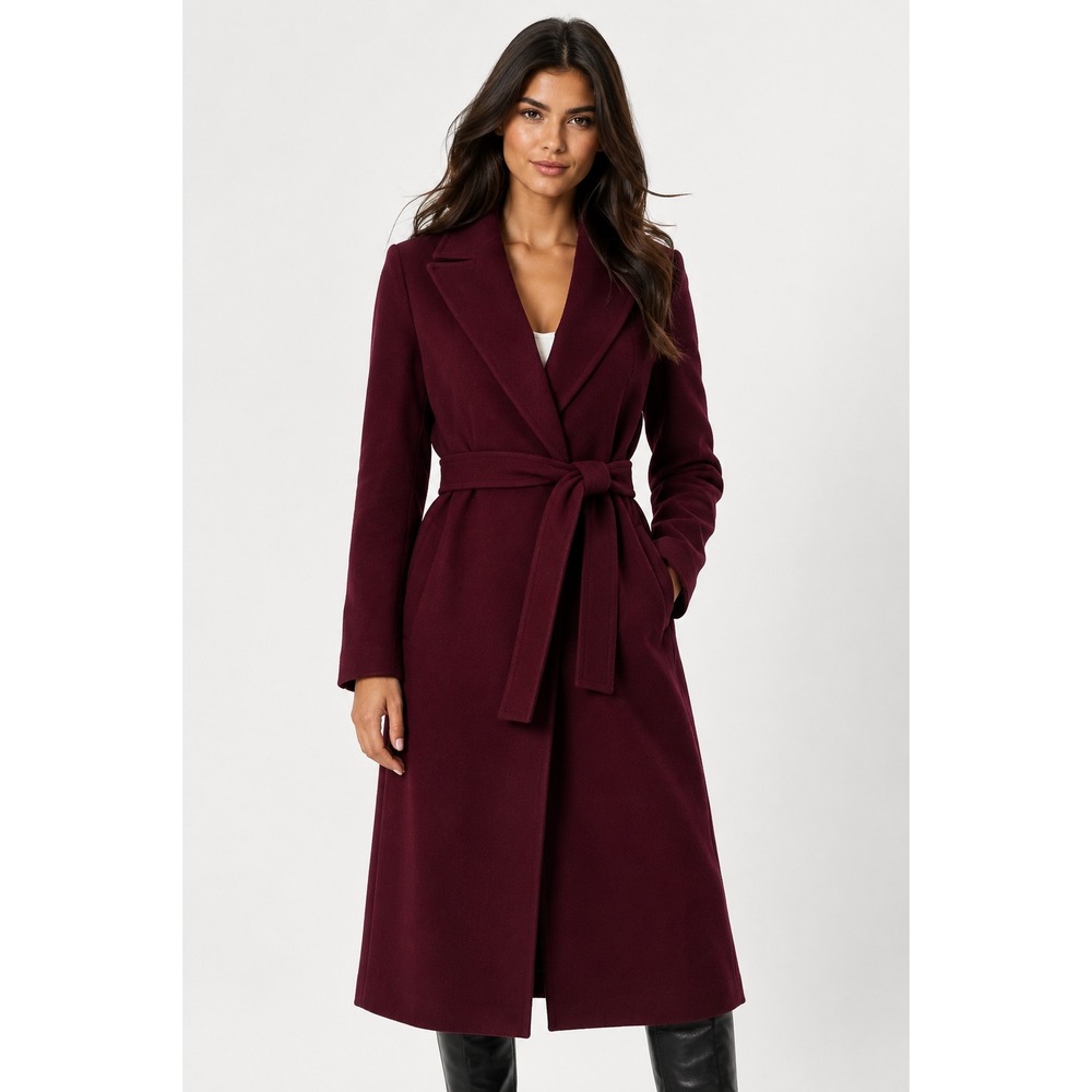 Zara Manteco Wool Blend Belted Wrap Coat Burgundy Maroon XS